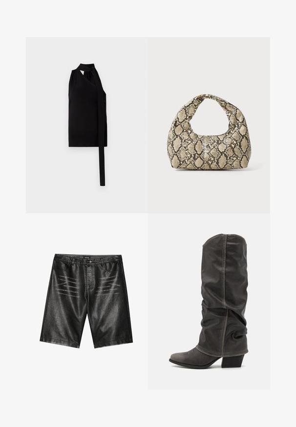 Mustmust kaeluseta särk, millel on drapeeritud asümmeetriline disain, küljepeal lipsu detail, valmistatud pehmest kangast, millel on sile tekstuur.; Mustad kunstnahast šortsid, millel on sile tekstuur, viis taskut ja peened triibud ees. Klassikaline sirge lõike disain.; Hallid hall nahk-saapad, mis ulatuvad säärtesse ja millel on lohkuv disain, terav nina ja kihiline konts. Tähelepanuväärne õmblemise detail varvaste piirkonnas.; Musta käärmeprindiga kott kõveraga käepidemega. Valmistatud tekstiilsetest, beežidest ja pruunidest materjalidest, millel on iseloomulik rombikujuline muster.