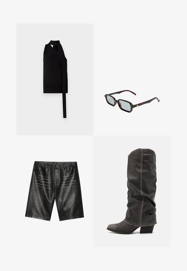 Zwarte mouwloze top met een gedrapeerd asymmetrisch ontwerp, knoopdetail aan de zijkant, gemaakt van zacht stof, met een gladde textuur.; Zwarte faux leren shorts met een gladde textuur, vijf zakken en subtiele streepdetails aan de voorkant. Klassiek recht gesneden ontwerp.; Grijze leren laarzen tot de kuit met een slouchy ontwerp, spitse neus en gestapelde hak. Opmerkelijke stikdetails op het neusstuk.; Zonnebril met rechthoekige zwart en rood gemusterde monturen, grijze lenzen en een gouden accent op de poot. Het ontwerp is strak en modern.; Slangpatroon handtas met een gebogen handvat. Gemaakt van gestructureerde, beige en bruine materialen, met een kenmerkend ruitpatroon.