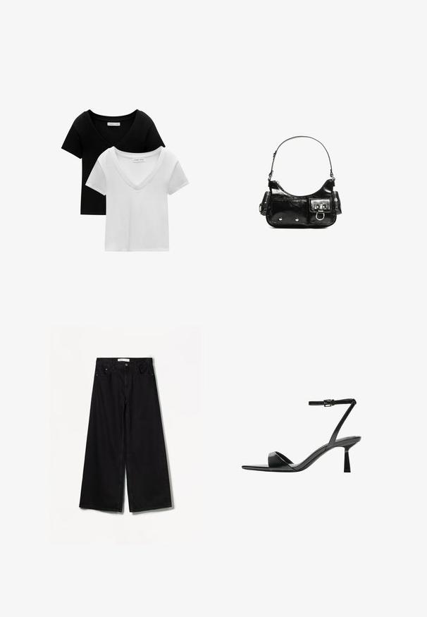 Pakke med to V-hals t-shirts i sort og hvid. Korte ærmer, lavet af blødt bomuldsstof, med stikninger og afslappet pasform.; Bershka WIDE-LEG - Wide leg - black; Bershka Højhælede sandaletter / Højhælede sandaler - black; Sort patenteret læder håndtaske med en buet form, en skulderrem, frontlommer og hardware accenter i sølvfarve.