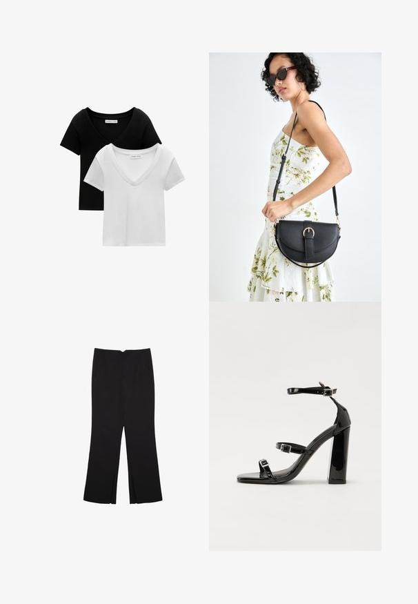 Zweierpack V-Ausschnitt-T-Shirts in Schwarz und Weiß. Kurzarm, aus weichem Baumwollstoff, mit gestepptem Saum und lässiger Passform.; Schwarze Hose mit geradem Schnitt, ausgestattet mit Fronttaschen und Seitenschlitzen am Saum. Hergestellt aus weichem, glattem Stoff. Geeignet für verschiedene Anlässe.; Schwarze patentierte Sandalen mit Absatz, quadratischer Spitze, Knöchelriemen und silbernen Schnallen. Mit einem stabilen Blockabsatz für mehr Stabilität.; Schwarze Lederhandtasche mit geschwungener Form, abnehmbarem Tragegurt und goldenen Beschlägen. Die Tasche verfügt über einen Deckel mit einer Schnallen-Details.