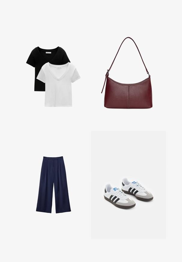Pack of two V-neck t-shirts in black and white. Short sleeves, made of soft cotton fabric, featuring stitched trim and relaxed fit.; Navy blue wide-leg trousers with pleats, buttoned waistband, and belt loops, shown flat on a white background.; Sport shoes with a white leather upper, gray suede toe, and three black stripes. Features a blue logo on the tongue and a textured rubber sole.; Maroon leather handbag with a curved shape, a single shoulder strap, and stitched detailing at the center. Smooth texture, minimal hardware.