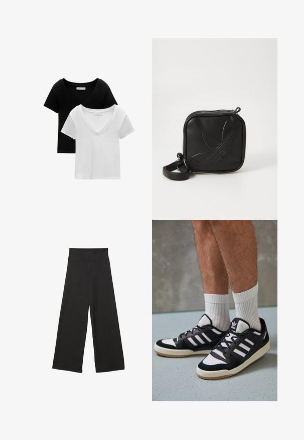 Balenie dvoch tričiek s výstrihom do V v čiernej a bielej farbe. Krátke rukávy, vyrobené z mäkkej bavlnenej látky, so šitým ozdobným lemom a voľným strihom.; Čierne nohavice s širokými nohavicami a vysokým elastickým pásom, vyrobené z mäkkého materiálu s voľným strihom, vhodné na neformálne nosenie alebo relaxačné prostredie.; Čierno-biele tenisky s vrchom z semišu a kože, s troma bielymi pruhmi, perforovanou špičkou a gumovou podrážkou.; Čierna štvorec krossbody taška vyrobená z textúrovaného syntetického materiálu. Obsahuje embosovanú logo úpravu a nastaviteľný popruh. Zapínanie na zips.
