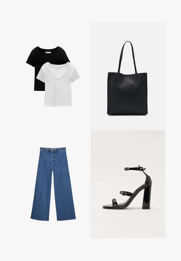 Confezione di due t-shirt a V in bianco e nero. Maniche corte, realizzate in morbido cotone, con bordature cucite e vestibilità rilassata.; Jeans in denim a gamba larga di blu medio, con vita alta, chiusura con bottone e dettagli delle cuciture verticali a contrasto lungo la parte anteriore.; Sandali con tacco in vernice nera, con punta squadrata, cinturini alla caviglia e fibbie in argento. Presentano un tacco a blocco spesso per maggiore stabilità.; Borsa tote in pelle nera con texture liscia, forma rettangolare e due manici lunghi. Nessun hardware o decorazione visibile.