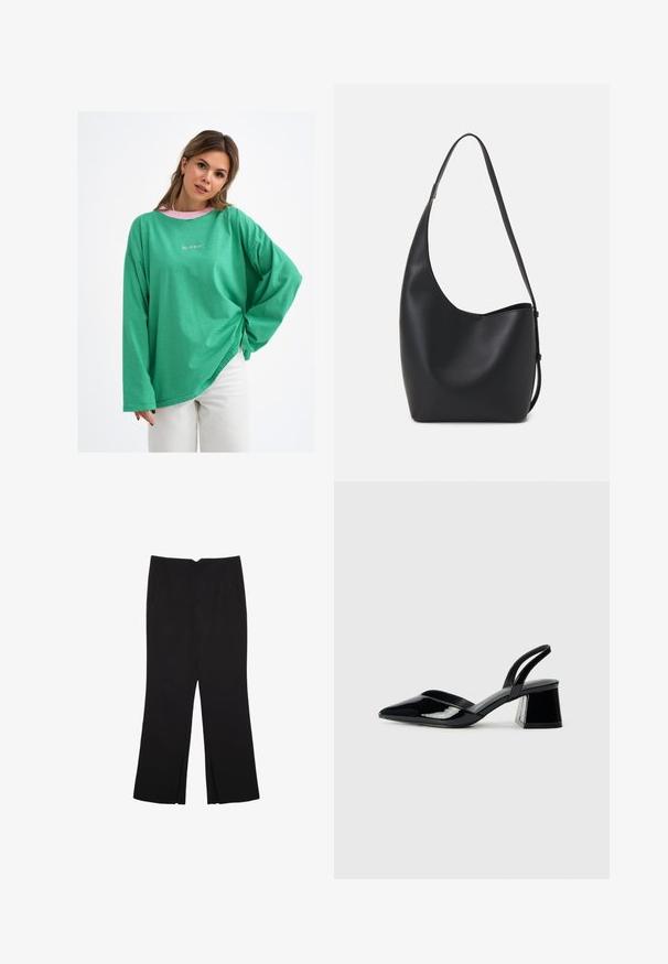 Camicia a maniche lunghe a righe verdi con una vestibilità morbida, dotata di colletto rosa e sottile dettaglio del logo sul davanti. Tessuto in misto cotone.; Pantaloni neri a gamba dritta, con tasche frontali e spacchi laterali all'orlo. Realizzati in tessuto morbido e liscio. Adatti a diverse occasioni.; Décolleté in vernice nera con punta affusolata e tacco in geometria cubica. Presentano un design elegante e minimalista, con una texture liscia.; Borsa hobo nera in pelle con una superficie liscia, forma curvata e una singola tracolla regolabile; presenta un'ampia apertura nella parte superiore.