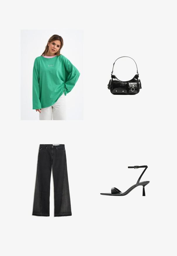Groen gestreept overhemd met lange mouwen en een losse pasvorm, voorzien van een roze kraag en subtiele logo-detail aan de voorkant. Gemaakt van een katoenmix.; Wijdvallende spijkerbroek in zwart denim met een rafelrand. Bevat contrasterende zijpanelen en een standaard vijf-pocket ontwerp. Knopen- en ritssluitingen.; Bershka Sandalen met hoge hak - black; Zwarte laarzen in lakleer met een gebogen vorm, één schouderband, voorvakken en accenten in zilverkleurig metaal.