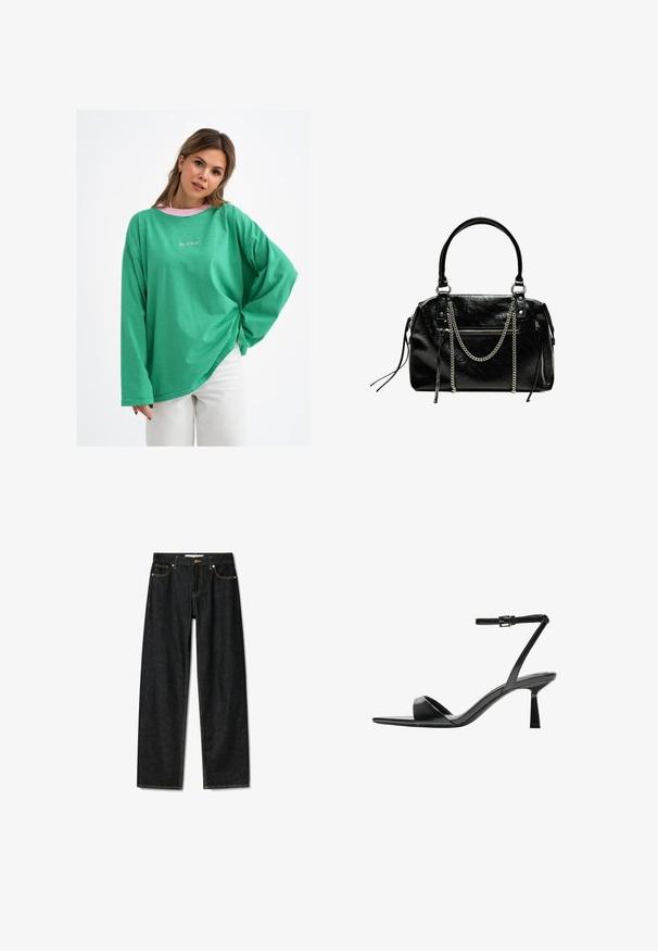 Groen gestreept overhemd met lange mouwen en een losse pasvorm, voorzien van een roze kraag en subtiele logo-detail aan de voorkant. Gemaakt van een katoenmix.; Donkerdenim jeans met een rechte snit, messing knoopsluiting en contrasterende gele stiksels. Beschikt over vijf zakken en een klassieke pasvorm.; Bershka Sandalen met hoge hak - black; Bershka WITH CHAIN - Handtas - black