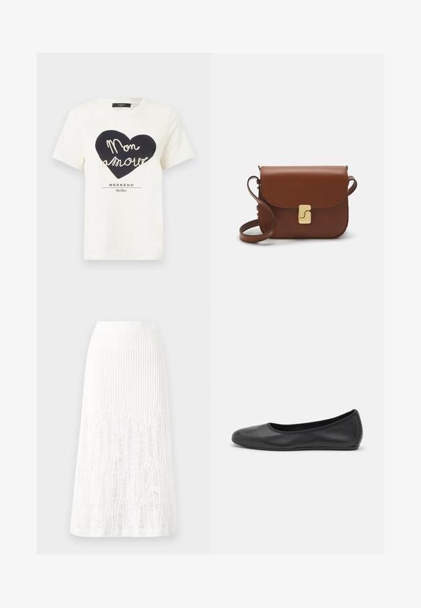 Bílý bavlněný tričko s černým srdcem a bílým kurzívním nápisem "Mon amour" a pod ním "WEEKEND MaxMara".; Pletená bílá midi sukně s texturovaným vzorem a vertikálními pruhy a výřezovými detaily podél spodního okraje. Elastický pas. Měkký materiál.; Černé kožené baletní byty s kulatou špičkou, hladkou texturou, minimálními švy a flexibilním designem podrážky.; Hnědá kožená kabelka s klopou, zlatými kovovými detaily, ramenním popruhem a hladkým povrchem. Kompaktní obdélníkový tvar.