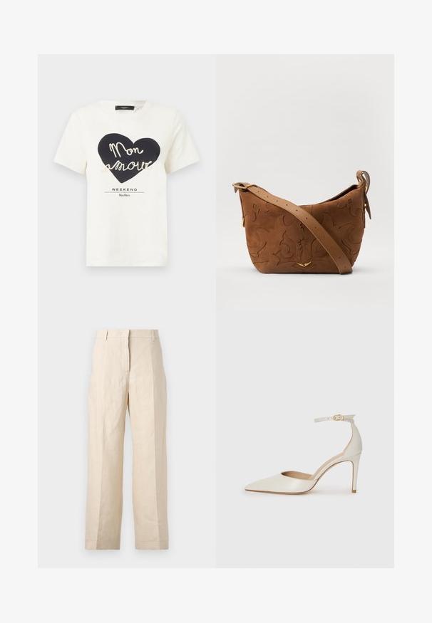 Hvid bomulds T-shirt med et grafisk sort hjerte, hvor der står "Mon amour" i hvid kursiv tekst og "WEEKEND MaxMara" under.; Beige linnedragt med løs pasform, plisseret front og lige ben. Har en talje med bæltestropper og ingen synlige lommer.; Hvide læder højhælede sko med spids tå, ankelrem og en slank stiletto-hæl. Glat tekstur med subtilt glansfuld finish.; Brun ruskinds skuldertaske med prægede blomsterdesign, suppleret af en glat brun læderrem og akcenter i guldfarvet metal.