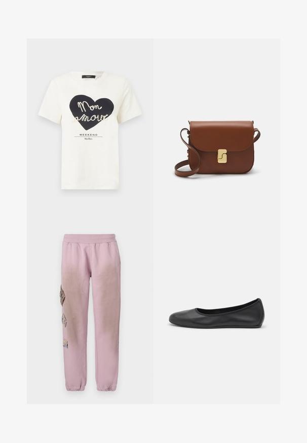 Witte katoenen T-shirt met een zwart hartgrafiek en "Mon amour" in witte cursieve tekst eronder, met "WEEKEND MaxMara" daaronder.; Roze sweatpants met een elastische tailleband, voorzien van decoratieve patches in ruitvorm aan de linkerkant en elastische boorden bij de enkel.; Zwarte leren ballerina met een ronde neus, gladde textuur, minimale stikdetails en een flexibele zoolontwerp.; Bruine leren handtas met een klep sluiting, gouden hardware, een schouderband en een gladde textuur. Compact rechthoekige vorm.