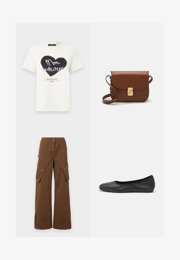 White cotton t-shirt featuring a black heart graphic with "Mon amour" in white cursive text and “WEEKEND MaxMara” underneath.; Weekend Max Mara LUCY HALE ELVY - Cargo trousers - marrone; Black leather ballet flat with a rounded toe, smooth texture, minimal stitching detail, and a flexible sole design.; Brown leather handbag with a flap closure, gold-tone hardware, a shoulder strap, and a smooth texture. Compact rectangular shape.