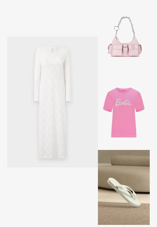 Camiseta de algodón rosa con mangas cortas, que presenta el texto "Barbie" en cursiva blanca en el frente. Cuello redondo clásico y diseño simple.; Vestido blanco de manga larga con un patrón de encaje, escote en V, forma fluida y tejido texturizado, que llega hasta los tobillos.; Chancla de goma verde claro con plantilla texturizada y tiras delgadas, elevada sobre un fondo suave de tonos neutros.; Bolso de mano de piel sintética rosa con asas de cadena plateada, acentos en forma de corazón, hebilla frontal y dos pequeños bolsillos en la parte delantera.