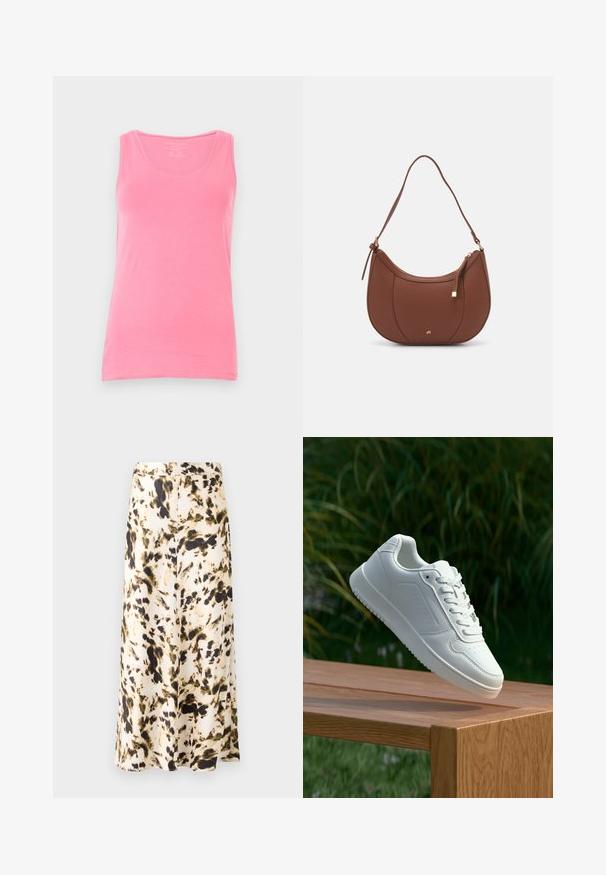 Rosa Tanktop aus weichem Stoff, mit runder Ausschnitt und schmalen Trägern. Glatte Textur mit figurbetontem Schnitt und ohne Muster.; Ein knielanger Rock aus einem leichten Stoff mit einem beige-, braun- und grünfarbigen abstrakten Muster. Verfügt über einen enganliegenden Taillenbund und ein fließendes Design.; Weiße Sneaker mit einem glatten, synthetischen Obermaterial, perforierter Zehenbox, flachen Schnürsenkeln und einer strukturierten Sohle, präsentiert auf einer Holzoberfläche.; Braune Kunstleder-Schultertasche mit geschwungener Form, minimaler Naht und goldfarbener Hardware-Akzent. Verfügt über einen oberen Reißverschluss und einen verstellbaren Trageriemen.