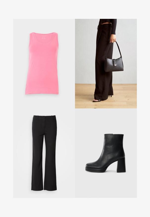 Roza majica na naramnice iz mehkega materiala, z okroglo izrezom in ozkimi naramnicami. Gladka tekstura z oprijetim krojem in brez vzorcev.; Črne hlače iz bombažne mešanice s ravnim krojem, sprednim gumbom in dvema stranskima žepoma. Gladek teksturiran material, brez vidnih vzorcev.; Črne usnjene gležnjarje z blok peto in platformo, prikazane s strani na enobarvni beli podlagi.; Črna torbica z strukturirano obliko, gladko teksturo in kovinskim zaponko. Ujemajo se z širokimi črnimi hlačami in odprtimi sandali na lesenem tleh.
