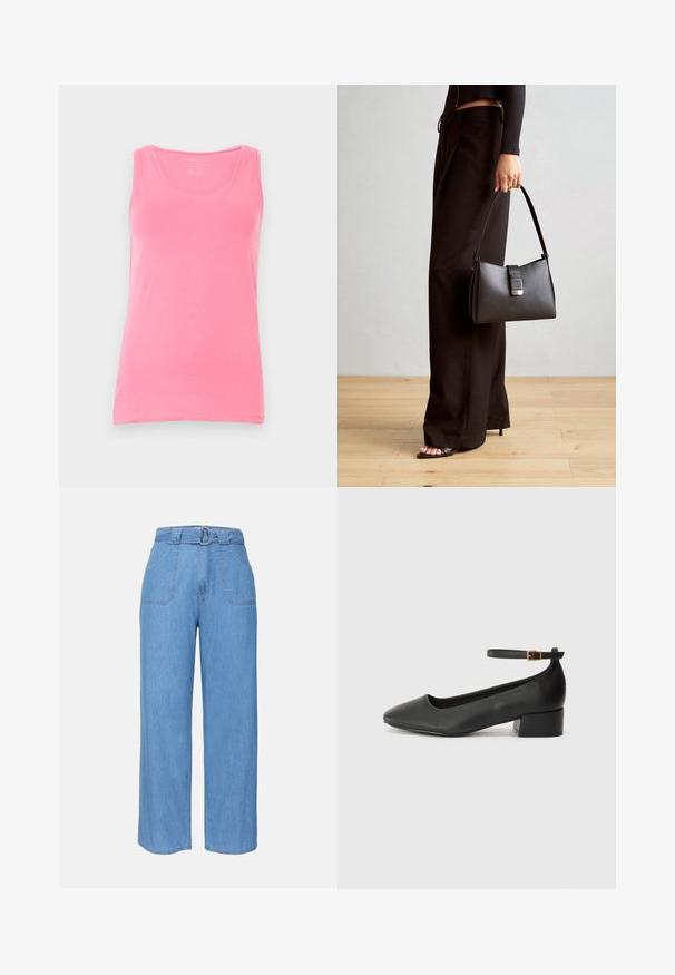 Lyserød tanktop lavet af blød stof, med en scoop neckline og smalle stropper. Glat tekstur med en tætsiddende pasform og uden mønstre.; Lyseblå denim bredbenede bukser med bæltestrop, to forlommer og en simpel tekstur. Har et minimalistisk design og rene linjer.; Sorte læderpumper med spids tå og en lav blokhæl. Har en ankelrem med en guldfarvet spænde. Glat tekstur.; Sort håndtaske med struktureret form, glat overflade og metalspænde. Sammen med brede sorte bukser og sandaler med åben tå på trægulv.