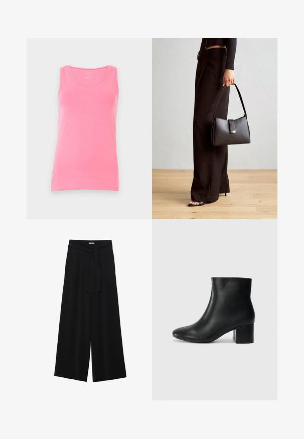 Rožinė topas, pagamintas iš minkštos medžiagos, su apvaliu iškirpimu ir siaurais petnešomis. Lygus audinys, prigludęs siluetas ir be raštų.; Juoda plačių kojų kelnės, pagamintos iš tekstūruoto audinio, su elastingu juosmeniu ir atsegamu diržu juosmenyje, leidžiančiu reguliuoti dydį.; Juodos odinės aulinės botai su smailiu priekiniu pirštu ir storu kulnu. Lygus tekstūra su minimaliomis detalėmis ir elegantišku, tvirtai priglundančiu dizainu.; Juodas rankinė struktūrizuota forma, lygi tekstūra ir metalinis užsegimas. Suporuota su plačiomis juodomis kelnėmis ir atvirais bateliais ant medinių grindų.