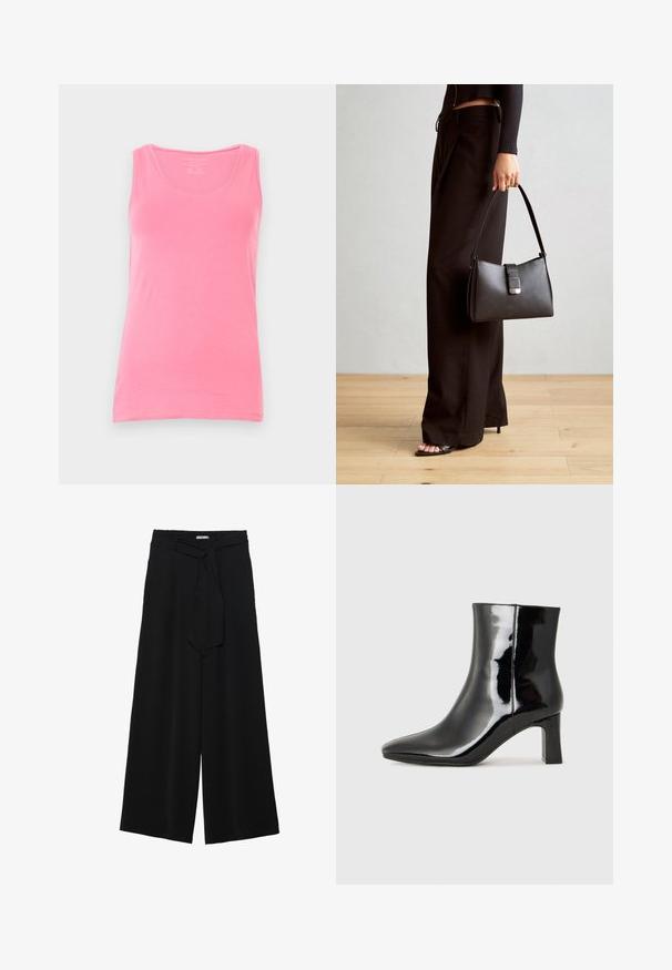 Ružičasti top s tankim trakama od mekog materijala, s okruglim izrezom. Glatka tekstura s prilagođenim krojem i bez uzoraka.; Crne široke hlače od teksturirane tkanine, s elastičnom pojasom i odvojivim remenom na struku za prilagodivo pristajanje.; Crne lakirane kožne gležnjače s šiljastim prstom i srednje visokom blok petom. Glatka tekstura i minimalistički dizajn.; Crna torba s oblikom koji sadrži strukturu, glađu teksturu i metalnu kopču. Uparena s širokim crnim hlačama i sandalama na otvorenom s drvenog poda.