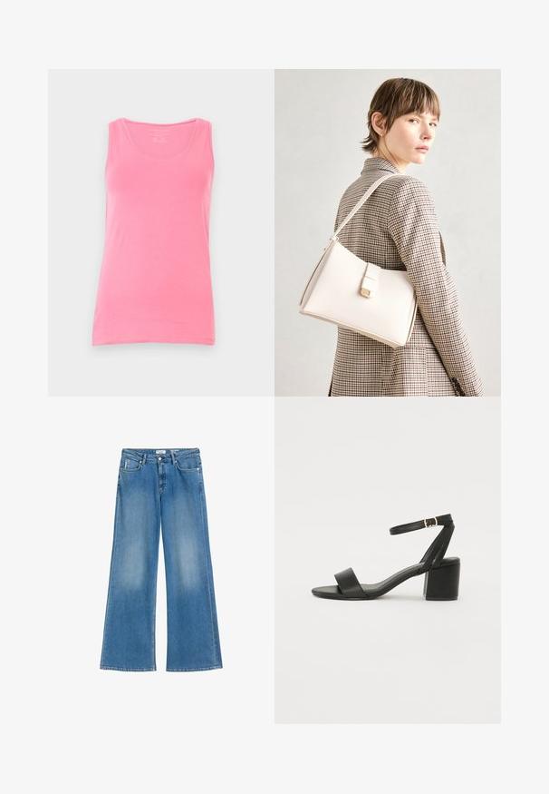 Top rosa realizzato in tessuto morbido, con scollo rotondo e spalline sottili. Presenta una texture liscia con una vestibilità aderente e senza fantasie.; Jeans blu chiaro gamba larga in denim, con vita alta, tasche frontali e una finitura leggermente sbiadita. Design classico a cinque tasche.; Sandalo nero con tacco alto, caratterizzato da una tomaia in pelle liscia, punta aperta, ampie fasce frontali e cinturino a caviglia regolabile con un dettaglio in fibbia dorata.; Borsa a mano in pelle bianca con un design strutturato, presente di un clasp magnetico e una tracolla, esposta su uno sfondo neutro.