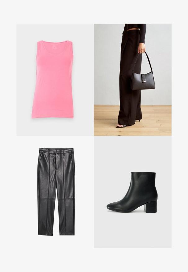 Rosa tanktop laget av myk stoff, med scoop hals og smale stropper. Glatt tekstur med en tettsittende passform og uten mønstre.; Sorte lærbukser med en glat tekstur, der har en lige pasform, to forlommer og synlige sømdetaljer.;  Sorte skinn ankelsko med spiss tå og chunky hæl. Glatt tekstur med minimale detaljer og et elegant, tettsittende design.; Svart håndveske med strukturert form, jevn tekstur og metallisk lås. Kombinert med brede svarte bukser og sandaler med åpen tå på tregulv.