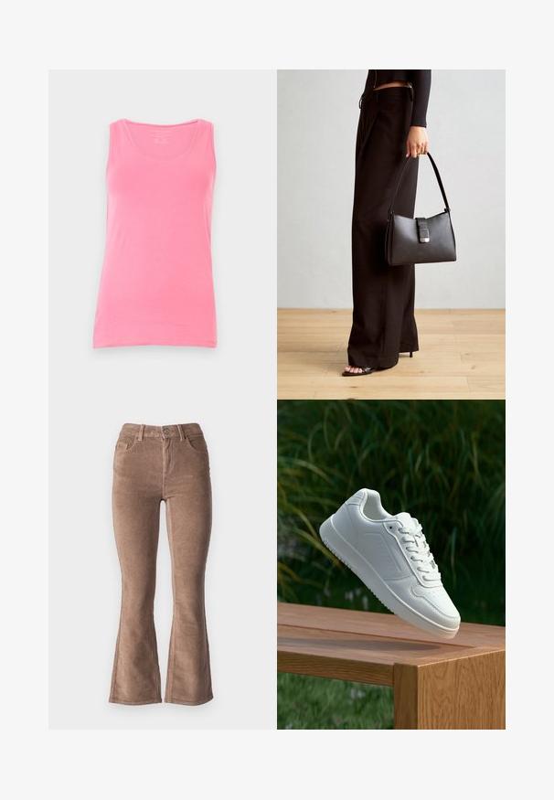 Pink tank top made from soft fabric, featuring a scoop neckline and narrow straps. Smooth texture with a fitted cut and no patterns.; Brown corduroy flared pants with a ribbed texture, featuring a high waist, five pockets, and a front button closure.; White sneaker with a smooth synthetic upper, perforated toe box, flat laces, and a textured sole, displayed on a wooden surface.; Black handbag with structured shape, smooth texture, and a metallic clasp. Paired with wide black pants and open-toe sandals on wooden floor.