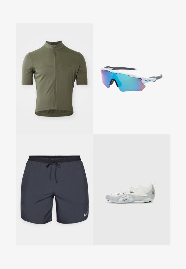 Rövid ujjú kerékpáros mez olajzöld színben, textúrált, légáteresztő anyagból készült. Elöl cipzárral és testhezálló dizájnnal rendelkezik.; Sötétszürke Nike futóshorts, elasztikus derékkal és húzózsinórral, az alsó jobb lábszáron ezüst színű logóval.; Fehér és ezüst kerékpáros cipők hálós felsőrésszel, textúrázott díszítésekkel, állítható pántokkal és gumitalppal a tapadás és a stabilitás érdekében.; Fehér keretű napszemüveg, szürke díszítéssel és kék tükörlencsékkel. Sportos dizájn, körbeölelő forma és állítható orrtámasz.