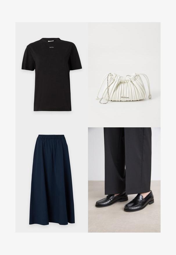 Zwarte katoenen t-shirt met korte mouwen, ronde hals, voorzien van een klein wit "Calvin Klein" logo dat centraal op de borst is geplaatst.; Marineblauwe, lange rok gemaakt van textuurstof met een elastische tailleband en subtiele verticale strepen.; Zwarte leren instappers met een gladde afwerking, gestikte details rond de teen en een lage rubberen zool. Gepaard met brede zwarte broeken.; Witte geplooide handtas gemaakt van zacht materiaal. Voorzien van een trekkoordsluiting, gevlochten handvatten en een accent van zilverkleurig hardware.