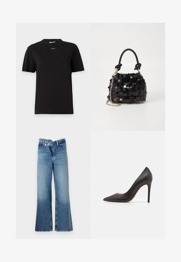 Čierne bavlnené tričko s krátkymi rukávmi, okrúhlym výstrihom, s malým bielym logom "Calvin Klein" umiestneným na hrudi.; Svetlomodré denimové nohavice s rozšírenými nohavicami a vysokým pásom, so dvoma gombíkmi a prednými vreckami. Materiál má vyblednutú textúru s jemnými variáciami.; Čierne kožené lodičky na vysokom opätku s špicatou špičkou a hladkou textúrou, s štíhlym opätkom a minimalistickým dizajnom.; Čierna mini kabelka so štrasom, s uzlovým textúrovaným popruhom a strieborným reťazom. Guľatý tvar s riaseným vrchom a reflexnými detailmi.
