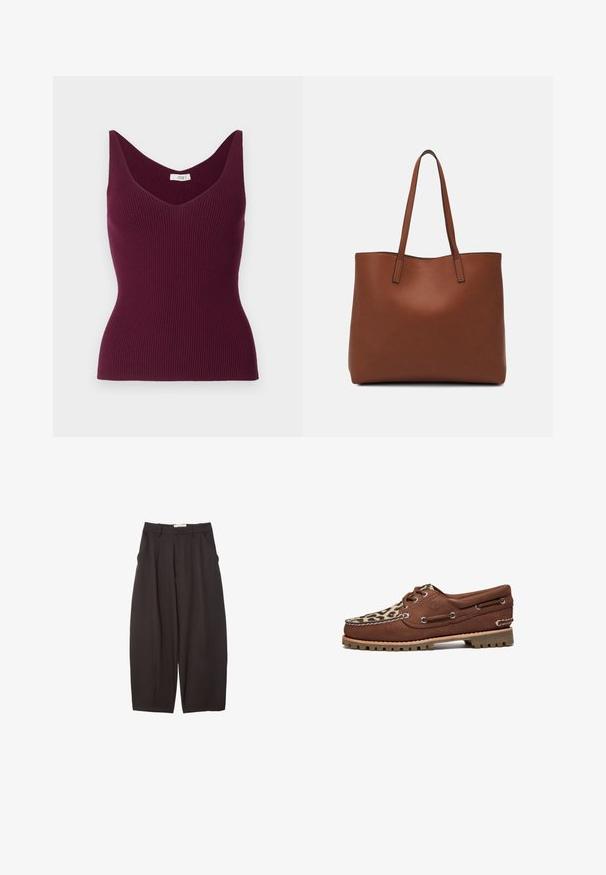 Bordeauxrød ribbet tanktop med V-udskæring og brede skulderstropper, der har en tætsiddende silhuet og subtil tekstur. Etiketten siger "JDY."; Sorte brede bukser lavet af et glat stof, med høj talje, forfaldne folder og sidelommer. Simpelt design uden udsmykninger.; Timberland Sejlersko - medium brown nubuck; Brun læder tote taske med en glat overflade, åben topdesign og to skulderremme. Har minimal syning og ingen synlig hardware.