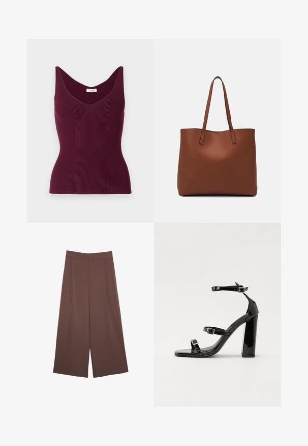 Canottiera bordeaux a costine con scollatura a V e spalline larghe, caratterizzata da una silhouette aderente e una texture sottile. L'etichetta riporta "JDY."; Pantaloni ampi marroni con una texture liscia, caratterizzati da una vita alta e pieghe frontali. Il tessuto è leggero e scorre liberamente.; Sandali con tacco in vernice nera, con punta squadrata, cinturini alla caviglia e fibbie in argento. Presentano un tacco a blocco spesso per maggiore stabilità.; Borsa tote in pelle marrone con texture liscia, design con apertura superiore e due spallacci. Presenta cuciture minime e nessun hardware visibile.