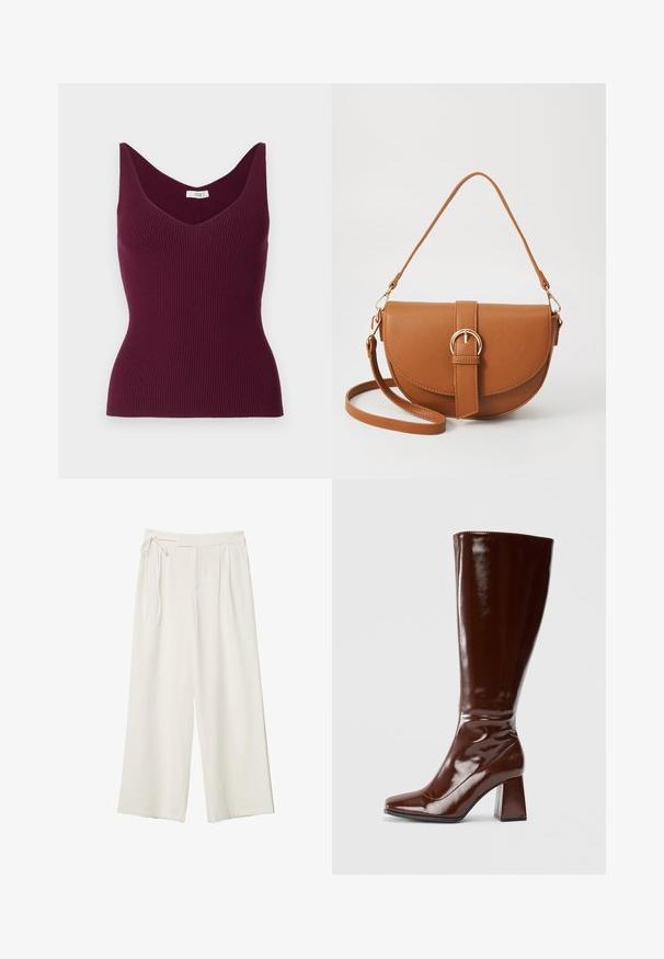 Burgundy ribbad linne med V-ringning och breda axelremmar, med en figurnära silhuett och subtil textur. Etiketten säger "JDY."; Vidbenade byxor i off-white tyg med en mjuk textur. Har en knytt midja och plisserad framdel, designade för en avslappnad passform.; Knä-höga bruna lackskinnstövlar med fyrkantig tå, glänsande yta och en kraftig klack för stabilitet. Sömlös design utan synlig hårdvara.; Brun läder crossbody-väska med en böjd form, gyllene detaljer och en spänneaccent. Har en avtagbar axelrem.