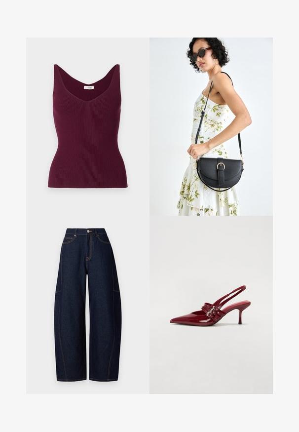 Bordó bordázott ujjatlan felső V-nyakkal és széles vállpántokkal, alakra szabott sziluettel és finom textúrával. A címke felirata: "JDY."; Széles lábú, sötétkék farmernadrág kontrasztos narancssárga varrással, öt zsebből áll, valamint gombos és cipzáros záródással a deréknál.; Piros lakkbőr slingback sarokcipő, hegyes orral, két csatoló pánttal és vékony, közepes magasságú stiletto sarokkal. Simább textúrájú.; Fekete bőrtáska ívelt formával, levehető pánttal és arany színű fémrészekkel. A táskán egy csattal díszített fedél található.