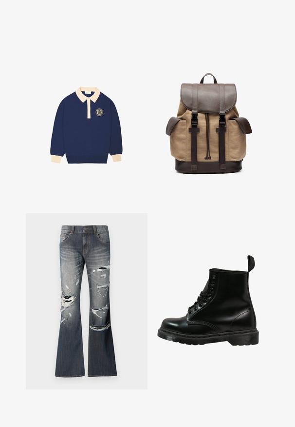 Langärmliges navyblaues Poloshirt mit beigem Kragen und Ärmeln, versehen mit einem runden Emblem mit Text auf der linken Brust.; Ausgestellte Jeans aus dunkelblauem Denim mit ausgefransten Löchern und abgewetzten Details auf der Vorderseite. Verfügt über fünf Taschen und einen Knopfverschluss.; Schwarze Lederstiefel mit abgerundeter Zehe, Schnürdesign, sechs Ösen und einer strukturierten Gummisohle. Mit Zugschlaufe hinten.; Canvas-Rucksack in Beige mit braunen Lederelementen. Verfügt über einen Deckel, verstellbare Riemen und zwei Seitentaschen. Rechteckige Form, robustes Design.