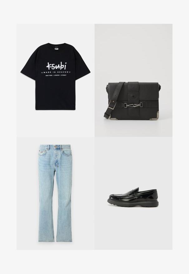Must musta T-särk lõdva lõikega. Ees on valge graafiline tekst "ksubi" ja "MADE IN HEAVEN" koos linna nimedega all. Klassikaline ümmargune kaelus.; Heledad sinine teksapüksid sirge lõikega, klassikaline viie taskuga disain, õrn hõõrdumine ja metallist nööp sulgemisel vööosas.; Must musta nahk loafer läikiva viimistlusega, ümar varvas, delikaatsed õmblusdetailid ja paks kummist tallad vastupidavuse tagamiseks.; Mustast nahast messenger-kott, mille pinnal on tekstuur, metallist detailid, reguleeritav rihm ja klapiga sulgemine, millel on klamberdetailid.