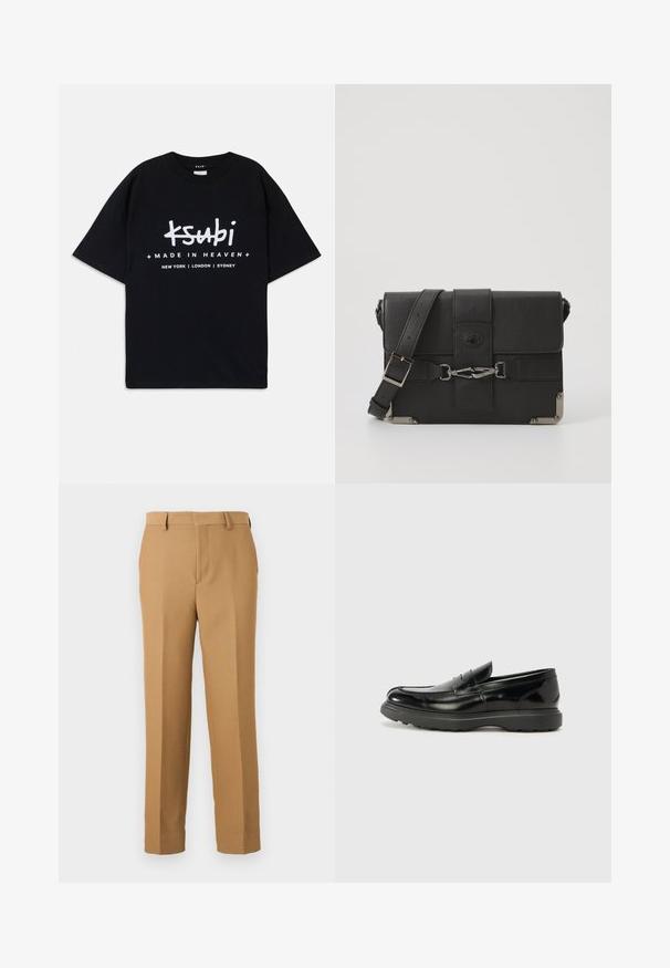 T-shirt de algodão preto com um ajuste descontraído. Apresenta texto gráfico branco "ksubi" e "FEITO NO CÉU" com nomes de cidades abaixo. Design clássico de gola redonda.; Calças de fato bege, feitas de um tecido entrelaçado, com corte straight, frente lisa e passantes para cinto. Textura suave sem padrões visíveis.; Mocassim de couro preto com acabamento brilhante, bico arredondado, detalhes de costura subtil e sola de borracha espessa para durabilidade.; Mala mensageiro preta em couro com um acabamento texturizado, detalhes em metal, alça ajustável e fecho com aba que apresenta detalhes de fivela.