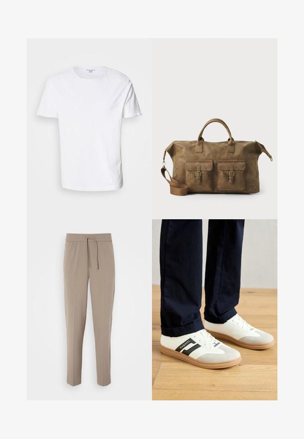 Balta medvilninė marškinėliai su apvaliu kaklu, trumpomis rankovėmis ir tiesiu apvadu. Audinys turi lygų tekstūrą ir be raštų.; Šviesiai beigės kelnės su elastiniu juosmeniu, reguliuojama raišteliu ir siaurėjantys kojomis. Audinys atrodo lygus su švelniu blizgesiu.; Balti ir pilki sportbačiai su juodais dryžiais, pagaminti iš odos, su guma padėklo ir plokščiomis raišteliais. Dėvimi su tamsiai mėlynomis kelnėmis ant medinės grindų.; Rudos odos kelioninis krepšys su dviem priekinių kišenių, reguliuojama petneša, auksinėmis detalėmis ir tvirtais viršiniais rankenomis. Lygus paviršius.