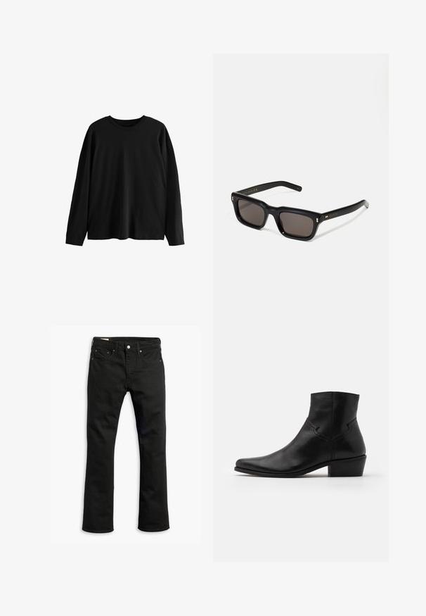 Next LONG SLEEVE CREW NECK - Langarmshirt - black; Schwarze Denim-Jeans mit geradem Beinschnitt, fünf Taschen, metallischem Knopfverschluss und dezenten Steppdetails. Glatte Textur und einfarbig.; Schwarze Leder-Ankle-Boots mit spitzer Zehenpartie, minimalen Nähdetails, einem mittelhohen Blockabsatz und einer glatten, polierten Oberfläche.; Schwarze rechteckige Sonnenbrille mit dunklen Gläsern, dickem Kunststoffrahmen, goldenen Akzenten an den Bügeln und eingraviertem Markenlogo am Arm.