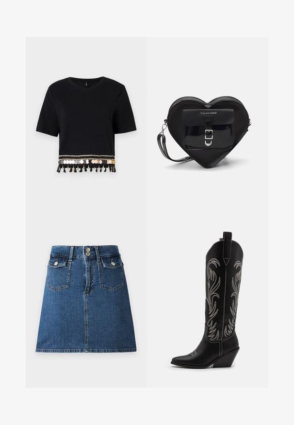 Juodas trumpas marškinėliai su trumpomis rankovėmis, papuošti dekoratyviniu auksinių ir sidabrinių monetų apvadu bei kutais palei apatinę kraštą.; Tamsiai mėlyna džinsinė sijonas, kuriame yra prigludusi juosmens dalis, dvi priekines kišenes, dvi galines kišenes ir sidabro atspalvio mygtukų uždarymai.; Juodi oda kaubojiški batai su smailiu nosiu, stulpeliu ir sidabriniais siuvinėti gėlių raštais palei šoną. Kontrastingas siuvinėjimas visoje bato dalyje.; Juodas širdelės formos maišelis, pagamintas iš lakinės odos, su priekinėmis kišenėmis, uždarančiomis sagtimi ir nuimamu dirželiu. Sidabro spalvos detalės.