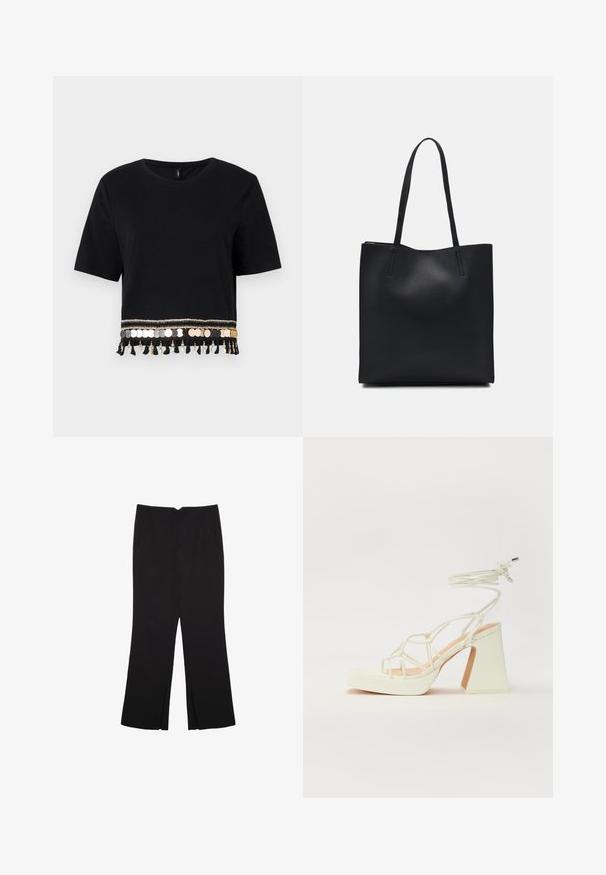 Črna kratica majica s kratkimi rokavi, ki ima dekorativno obrobo z zlatimi in srebrnimi kovanci ter resicami ob robu.; Črne hlače ravnega kroja z naglavnimi žepi in stranskimi razporki na robu. Narejene iz mehke, gladke tkanine. Primerne za različne priložnosti.; Bela sandala na visokih petah s debelim petam, ki ima obliko trakcev in vezanje okoli gležnja. Gladka tekstura z platformo spredaj za dodatno višino.; Črna usnjena torba s svilnato teksturo, pravokotne oblike in dvema dolgima ročajema. Brez vidnih metalnih delov ali okrasnih elementov.