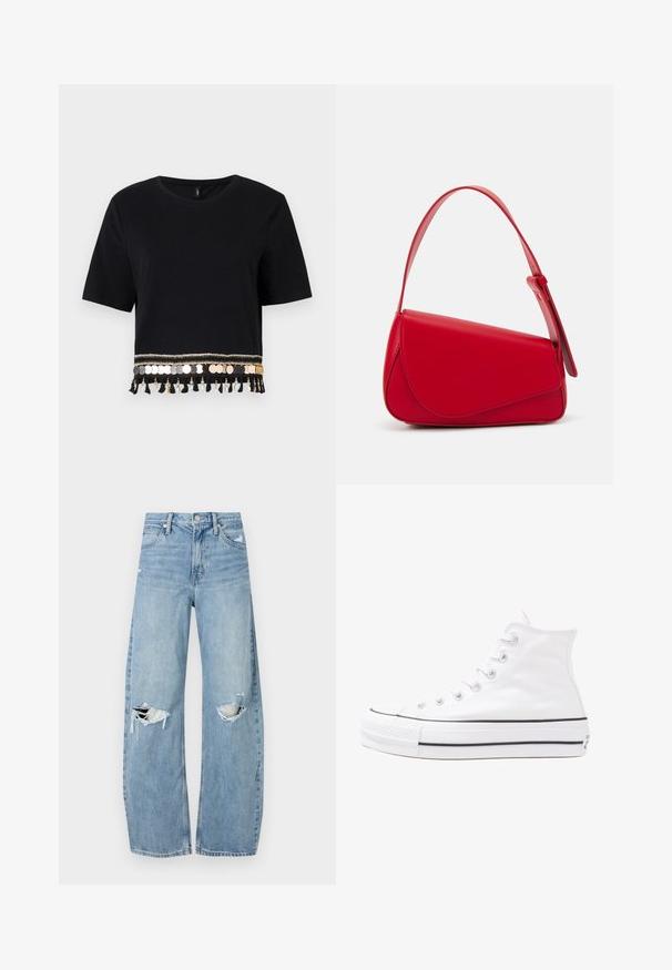 T-shirt cropped preto com mangas curtas, apresentando um acabamento decorativo de moedas douradas e prateadas e franjas ao longo da bainha.; Jeans de lavagem clara, de cintura alta, feitos de denim. Apresentam pernas largas, duas áreas rasgadas nos joelhos e o estilo clássico de cinco bolsos.; Sapatilha alta de tela branca com sola de borracha preta, bico de borracha na frente e seis ilhós para os atacadores, apresentando um design limpo e minimalista.; Bolsa de mão em couro vermelho com um design angular e geométrico. Apresenta uma única alça ajustável e um fecho com aba, com detalhes cosidos.