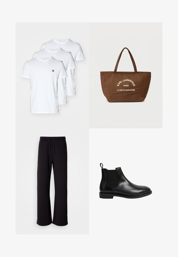 Tres camisetas de algodón blancas de cuello redondo, con un pequeño logo en el lado izquierdo del pecho. Textura lisa; ajuste regular.; Pantalones de chándal negros hechos de material suave, con cintura elástica ajustable, corte holgado y diseño de pierna recta. Estilo minimalista sin patrones.; Botín Chelsea de cuero negro con panel elástico lateral, punta redondeada, lengüeta en la parte posterior y un tacón bajo apilado. Superficie lisa y pulida.; Bolsa tote de lona marrón con dos asas, con texto impreso en blanco "KARL LAGERFELD PARIS 21 RUE ST-GUILLAUME." Diseño sencillo y forma espaciosa.