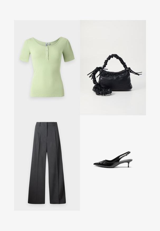 Gai zaļš ribots T-krekls ar apaļu izgriezumu, īsām piedurknēm un četrām pogām priekšpusē. Mīksts, pieguļošs auduma raksts.; Platās kājas bikses tumši pelēkā audumā, ar augstu jostasvietu, ar vienu uzpūstu vīli un gludu tekstūru ar tīru apdari ap malām.; Melni ādas sandales ar norādītu pirkstu, mazu kaķa papēdi un dekoratīvu mezglu detaļu priekšā. Gluda tekstūra visā virsmā.; Melnā mākslīgās ādas rokassoma ar krokodila rakstu, savilkta augšdaļa un saburzīta siksna. Izskatās mīksta un kompakta pēc dizaina.