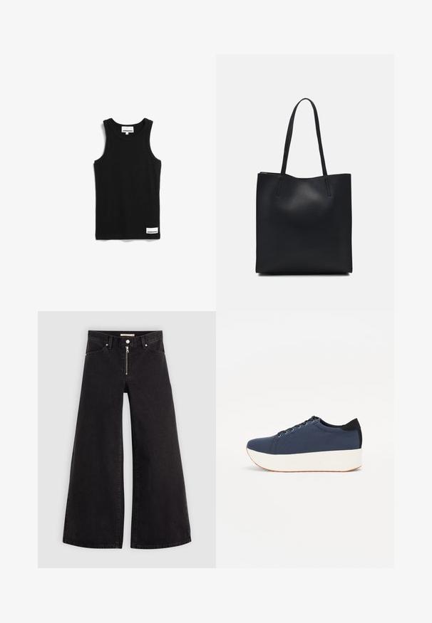 Zwart katoenen tanktop met een ronde halslijn, dikke schouderbanden en een klein wit merklabel nabij de zoom. Klassieke pasvorm, minimalistisch ontwerp.; Wijdvallende jeans van zwarte denim met een ritssluiting aan de voorkant, vijf zakken en subtiele stikdetails. Soepele textuur en casual stijl.; Marineblauwe sneaker met een textuurstof bovenwerk, witte platformzool, ronde neus en zwart hakaccent. Voorzien van zes gaatjes voor veters.; Zwarte leren handtas met een gladde textuur, rechthoekige vorm en twee lange handvaten. Geen zichtbare hardware of versieringen.