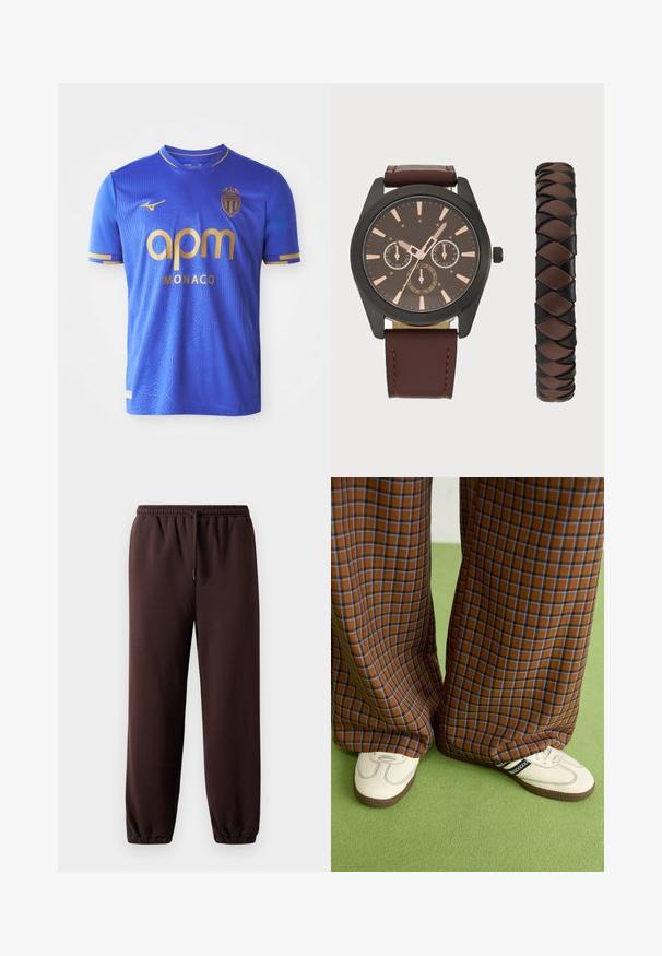 Maglietta da calcio blu con un motivo testurizzato, accenti dorati, collo a giro, maniche corte e un logo sulla parte sinistra del petto.; Pantaloni jogger marroni con vita regolabile, polsini elasticizzati e morbido materiale di cotone. Presentano una vestibilità rilassata e un design minimal.; Pantaloni a pieghe larghi a quadri marroni e blu abbinati a scarpe bianche con dettagli neri e suole testurizzate, posizionati su uno sfondo verde.; Pier One SET - Orologio - black/brown