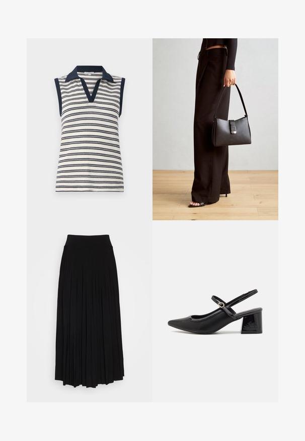 Haut sans manches à col en V en rayures blanches et bleues marines. Caractéristiques d'un col et d'un ourlet bleu marine unis. Texture en maille avec un motif de rayures horizontales.; Jupe plissée noire avec une taille haute et extensible. Fabriquée en tissu doux, elle présente des plis verticaux pour une silhouette fluide.; Escarpins slingback en cuir verni noir avec un embout pointu, un design à découpes arrondies et un talon carré. Présente un accent de boucle en ton doré.; Sac à main noir à la forme structurée, texture lisse et fermoir métallique. Associé à un pantalon noir ample et des sandales ouvertes sur un sol en bois.
