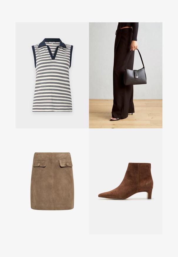 Majica bez rukava s V-izrezom u bijeloj i tamnoplavoj prugastoj kombinaciji. Ima čvrsti tamnoplavi ovratnik i obrub. Pletena tekstura s horizontalnim prugama.; Smeđa nubuk mini suknja s glatkom teksturom, koja ima dva prednja džepa s preklopom i dugmad za zatvaranje s obje strane. Jednostavan, ravni dizajn.; Anna Field LEATHER - Gležnjače - tan; Crna torba s oblikom koji sadrži strukturu, glađu teksturu i metalnu kopču. Uparena s širokim crnim hlačama i sandalama na otvorenom s drvenog poda.