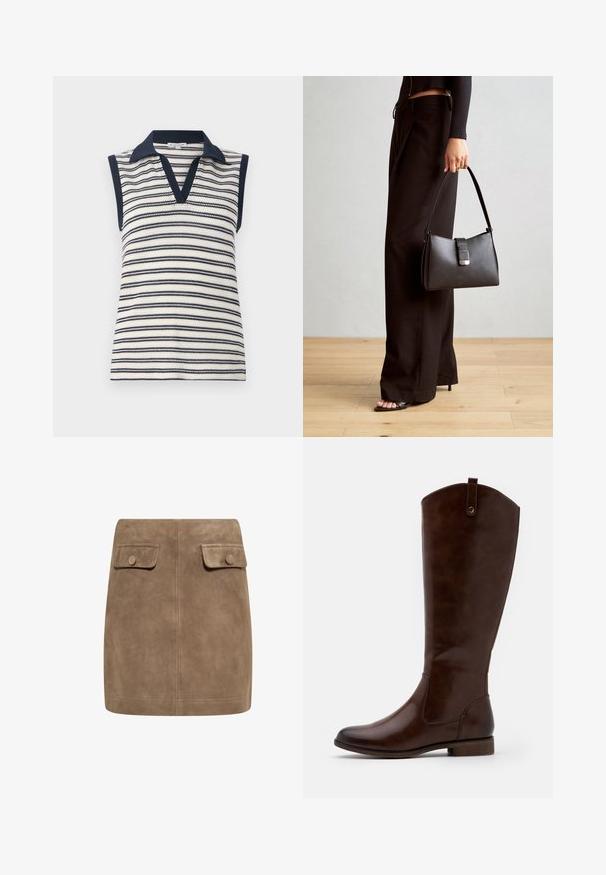 Top sin mangas en rayas blanco y azul marino. Presenta un cuello y bordes sólidos en azul marino. Textura de punto con un patrón de rayas horizontales.; Mini falda de ante marrón con una textura suave, que presenta dos bolsillos frontales con solapa y cierres de botón a cada lado. Diseño simple y recto.; Botas marrones hasta la rodilla, hechas de cuero liso, con punta redondeada, tacón bajo apilado y un sutil patrón de costura a lo largo de los lados.; Bolso negro con forma estructurada, textura suave y un cierre metálico. Combinado con pantalones anchos negros y sandalias de dedo en un suelo de madera.