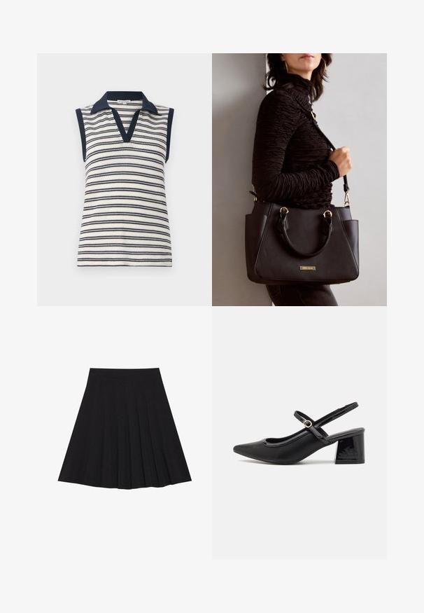 Ærmeløs V-hals top i hvid og navy striber. Har en ensfarvet navy krave og kant. Strik tekstur med horisontalt stribemønster.; Sort plisseret nederdel lavet af struktureret stof med en tætsiddende talje. Faldende til knæ længde og har en glat, ren silhuet.; Sorte patentlæder slingback hæle med spids tå, rund udskæring og blokhæl. Har en guldtonet spændeaccents.; Sort håndtaske med struktureret overflade, dobbelt topbærere og justerbar skulderrem. Udstyret med guldfarvet metalhardware og sidelommer.