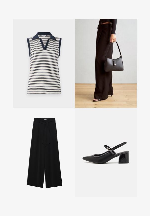 Mouwloze V-hals top in wit en marineblauw gestreept. Beschikt over een effen marineblauwe kraag en afwerking. Breigoed met horizontaal streep patroon.; Zwarte wijde broek van textuurstof, met een elastische tailleband en een afneembare sjaalstrik in de taille voor een verstelbare pasvorm.; Zwarte gepolijste leren slingback hakken met een spitse neus, een ronde uitsnede en een blokhak. Voorzien van een gouden gespaccent.; Zwarte handtas met gestructureerde vorm, gladde textuur en een metalen sluiting. Gecombineerd met brede zwarte broeken en sandalen met open teen op een houten vloer.