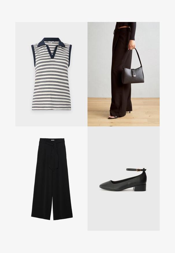 Ärm- och V-ringad topp i vitt och marinrandigt. Har en enfärgad marinblå krage och kant. Stickad textur med horisontellt randigt mönster.; Svarta vida byxor med texturerad tyg, elastisk midja och en avtagbar käppknut i midjan för justerbar passform.; Svart läderpump med spetsig tå och en låg klack. Har en ankelsnodd med en guldtonad spänne. Slät textur.; Svart handväska med strukturerad form, slät yta och metallspänne. Matchad med vida svarta byxor och sandaler med öppen tå på trägolv.
