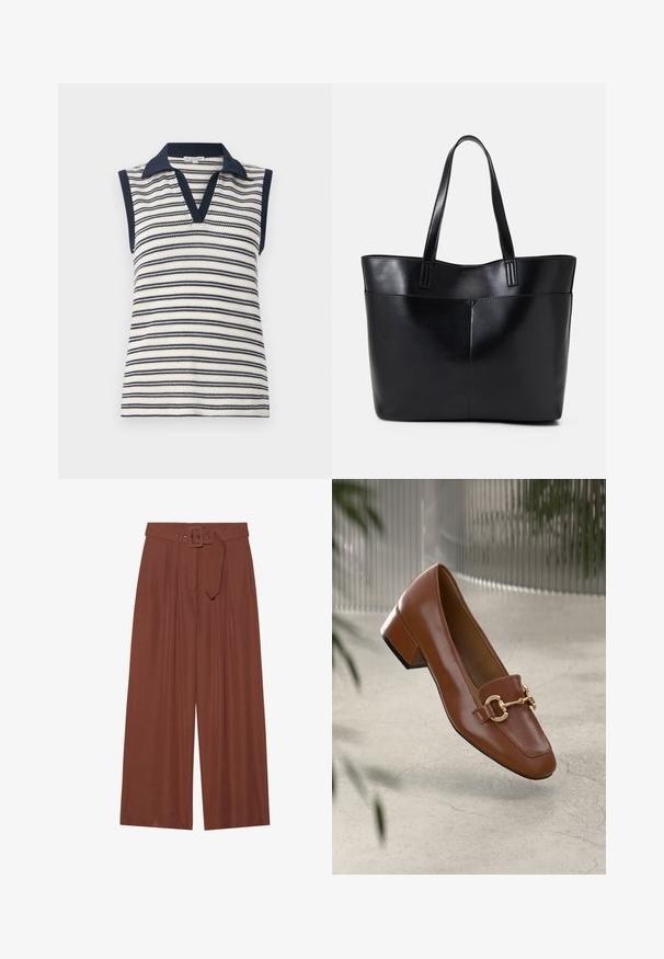 Haut sans manches à col en V en rayures blanches et bleues marines. Caractéristiques d'un col et d'un ourlet bleu marine unis. Texture en maille avec un motif de rayures horizontales.; Pantalons à jambes larges en tissu marron, avec une ceinture à boucle carrée, un design plissé et une texture lisse.; Mocassin en cuir verni marron avec un bout carré, accent de chaîne métallique et petit talon carré ; texture lisse, design minimaliste.; Sac fourre-tout en cuir noir avec deux longues poignées, une texture lisse et une forme structurée. Dispose d'une poche avant pour un rangement supplémentaire.