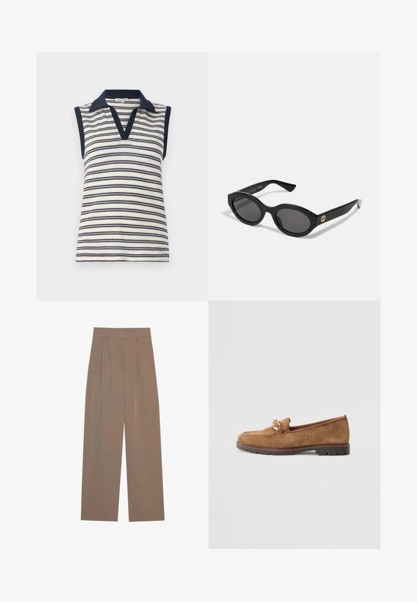 Top senza maniche a scollo a V bianco e blu a righe. Presenta un colletto e bordi solidi blu scuro. Textura a maglia con motivo a righe orizzontali.; Pantaloni marroni a pieghe con design a gamba larga, dotati di vita piatta e tasche laterali, realizzati in un tessuto leggero.; Tamaris Scarpe senza lacci - camel; Occhiali da sole neri a forma ovale con lenti scure e montatura in plastica lucida. Presentano un logo dorato sulla stanghetta, offrendo un design elegante e moderno.